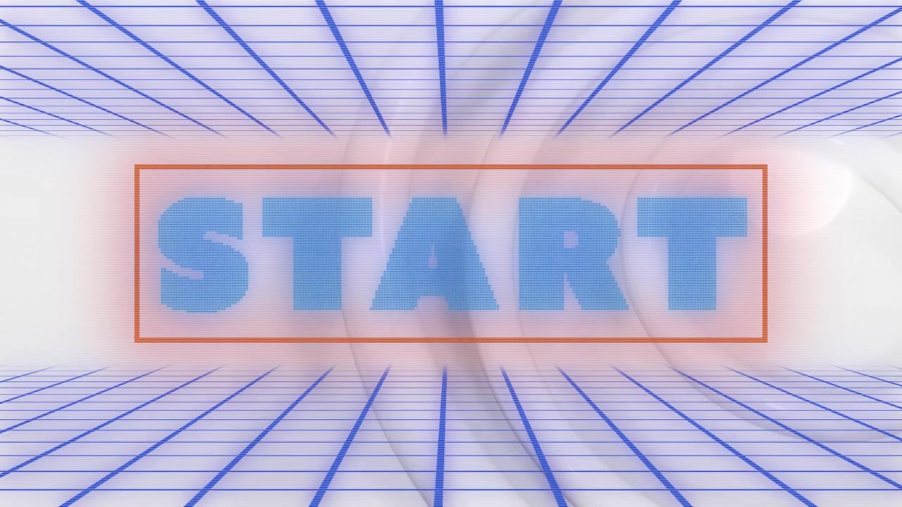 Digital animation of purple level up text against abstract purple shapes on grey background
