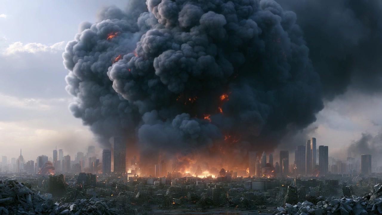 Un'esplosione catastrofica distrugge il paesaggio urbano: una visione distopica di rovina urbana e caos catturata con dettagli mozzafiato, rivelando le conseguenze della distruzione