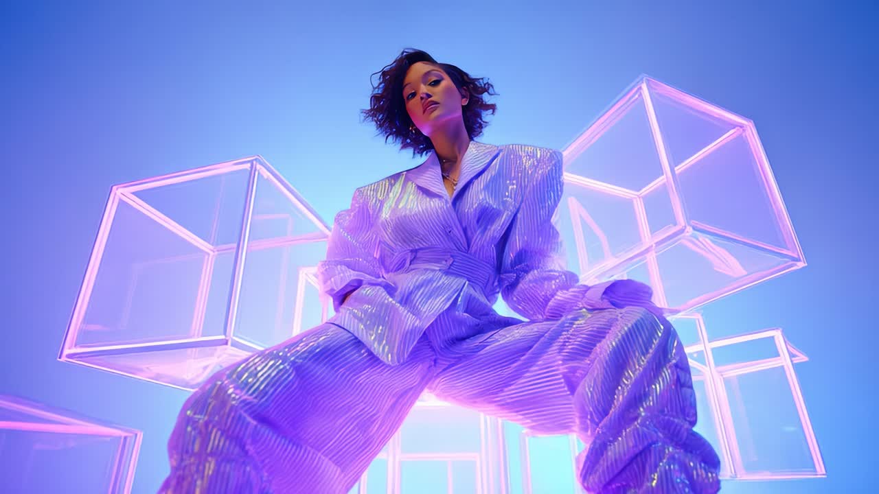 A Captivating Performance Featuring a Stylish Individual in a Stunning Blue Background Surrounded by Geometric Light Structures, Capturing a Unique Blend of Fashion, Artistry, and Expression