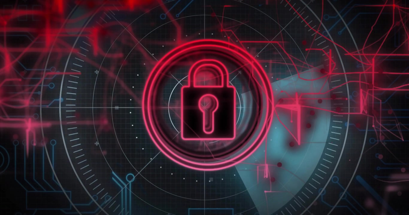 Neon padlock icon glowing within rotating concentric rings, showing digital security interface
