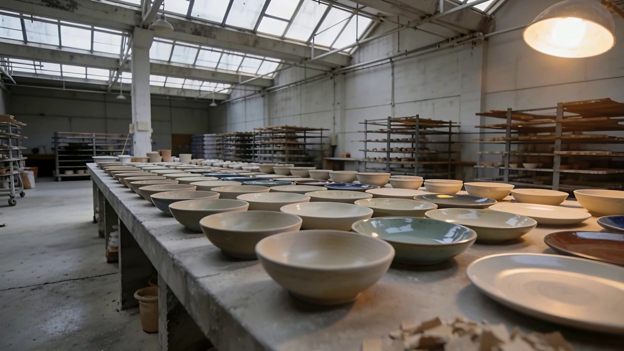 Dolly pushing camera moving nearest ceramic bowls into closer view at pottery studio