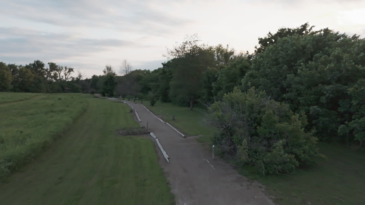 Aerial of curved forest road or dirt path lined with logs, under soft daylight with trees and fields surrounding both sides