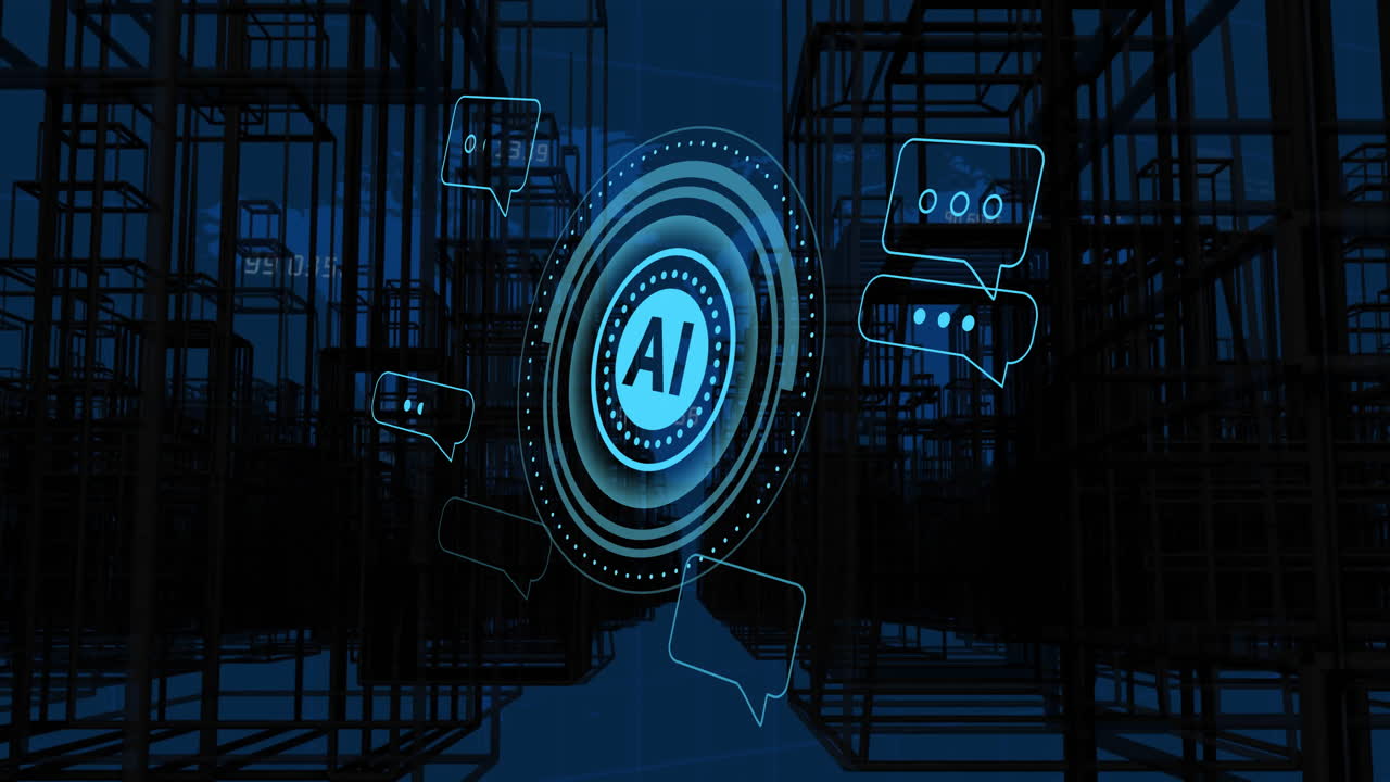 Animation of ai text, scope scanning and digital data processing over dark background