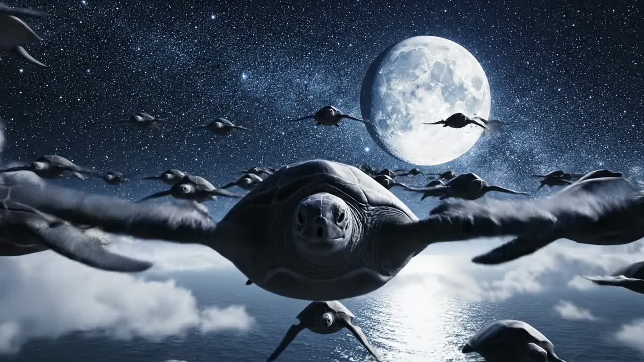 Flying Sea Turtles Soar Across a Starry Night Sky with a Full Moon