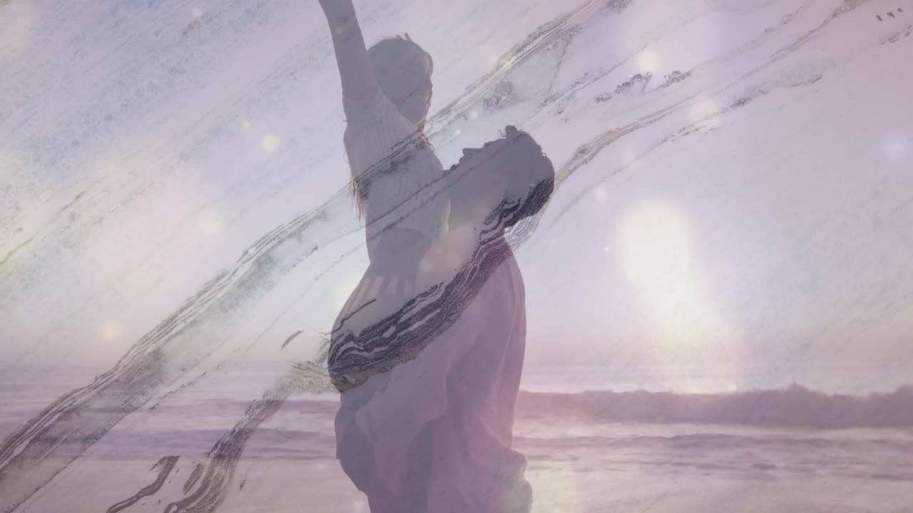 Couple lifting woman on sandy beach at sunset, overlaying travel app icons and pastel data chart