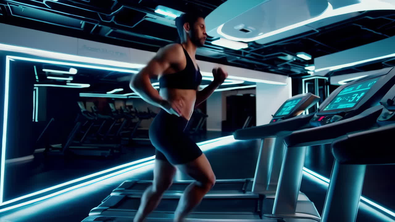 Man Running on Treadmill in Modern Gym