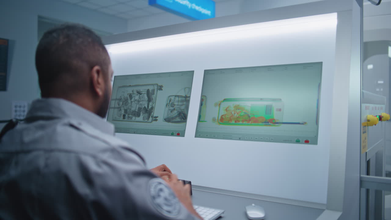 oficial de seguridad del aeropuerto inspeccionando el escáner de rayos x del equipaje