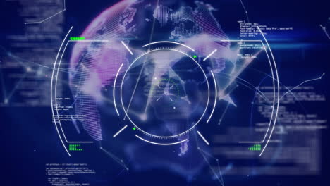animation of scope scanning over globe of plexus networks, data processing and blue light trails