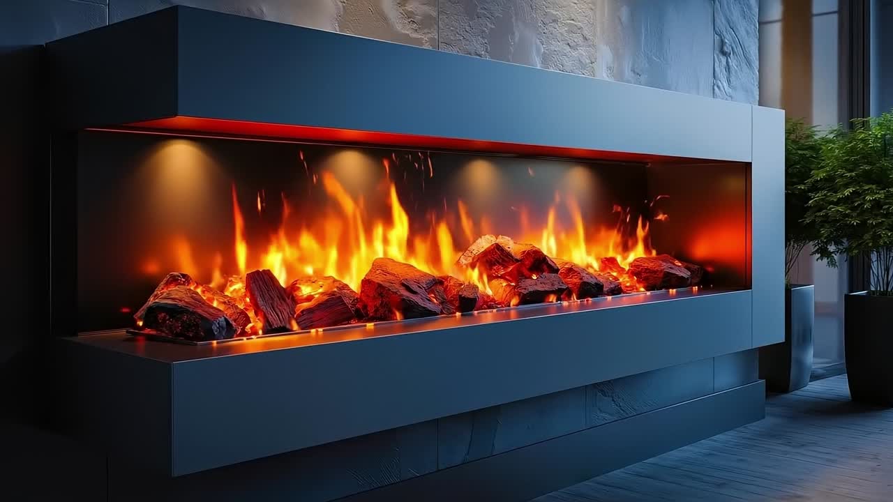 A modern fireplace with a fire in the middle of it