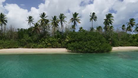 caribbean sandy beach shoreline view from a boat in tobago, west indies.