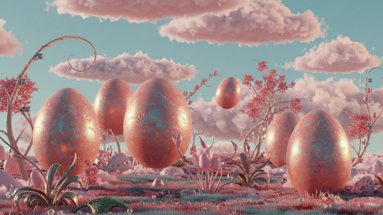 A Surreal Landscape of Floating Eggs and Vibrant Flora: Captivating Dreamlike Imagery in an Enchanted Pink World of Imagination and Wonder