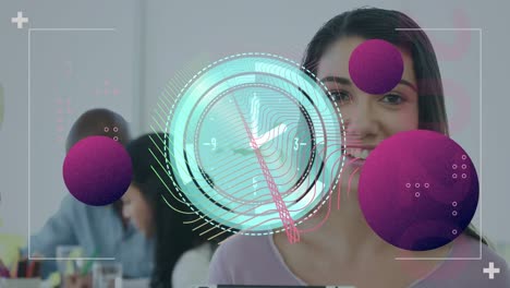 animation of clock and molecules over studding people