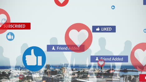 animación del texto de las redes sociales en banners con iconos digitales sobre el paisaje urbano