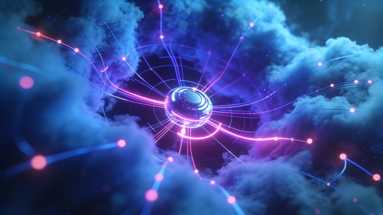 Accensione di un dispositivo a sfera centrale che rilascia impulsi lungo filamenti al neon nel vuoto cosmico, illuminando anelli.