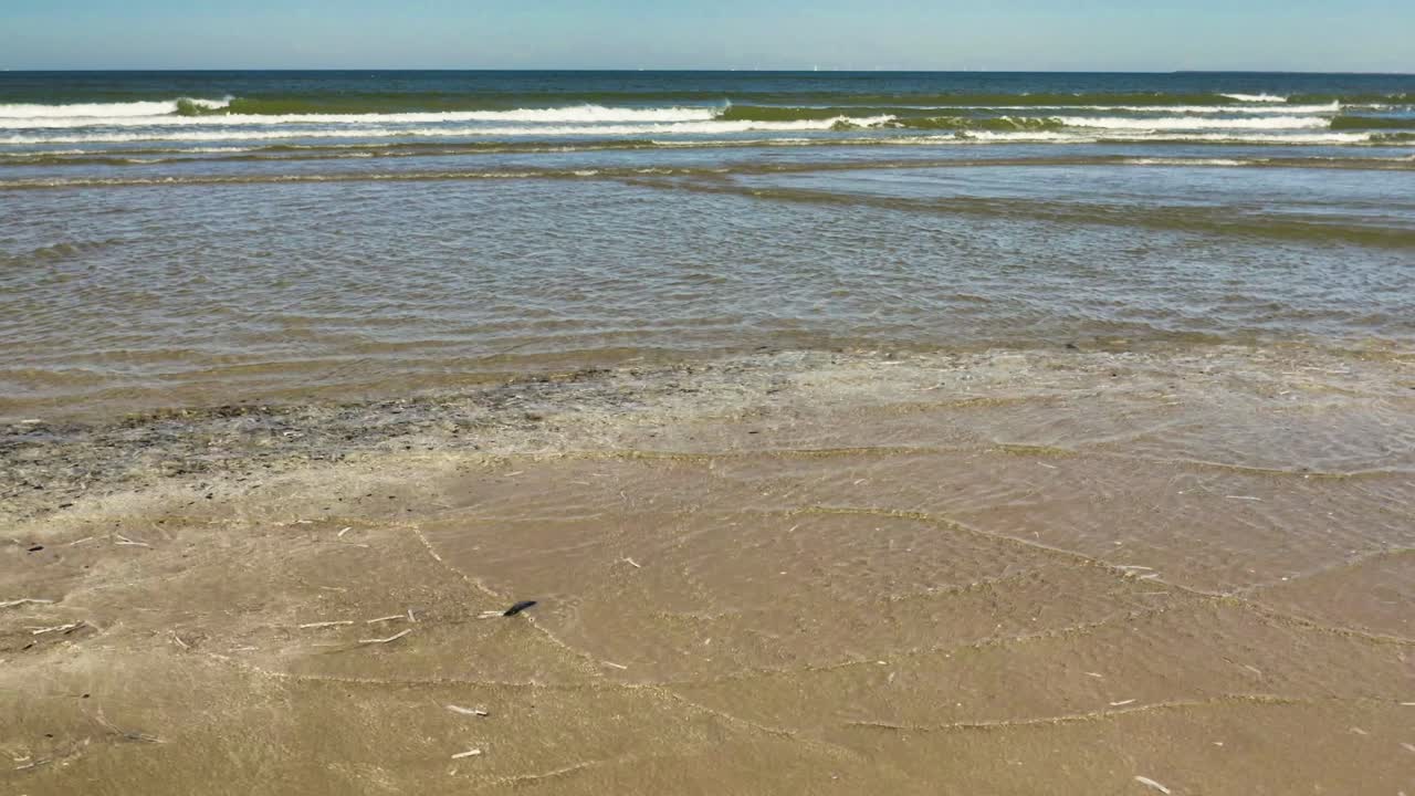 잔드보르트 네덜란드 해변 위의 바다 파도와 모래 해변의 공중 전망