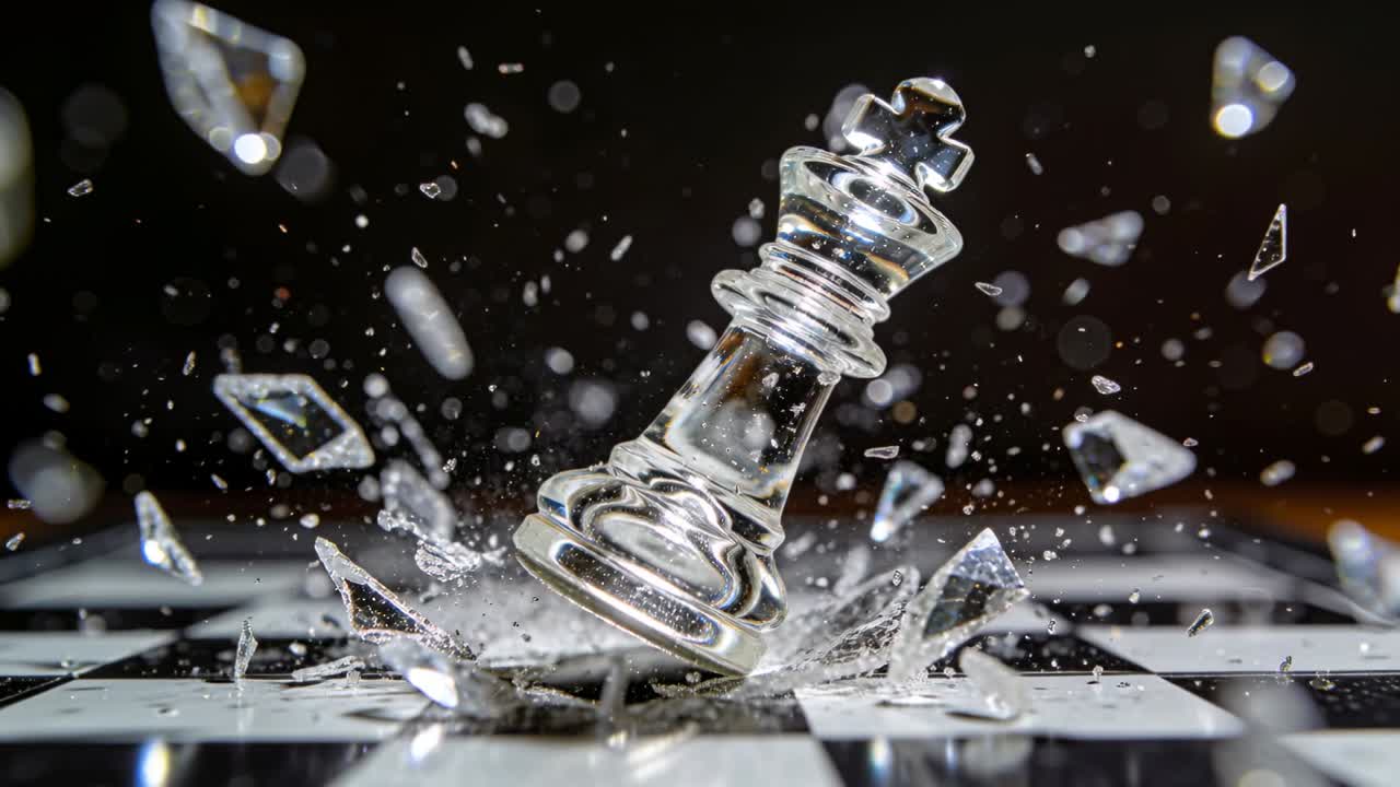 Tilting glass chess king contacting checkered board on studio table, sending shards outward