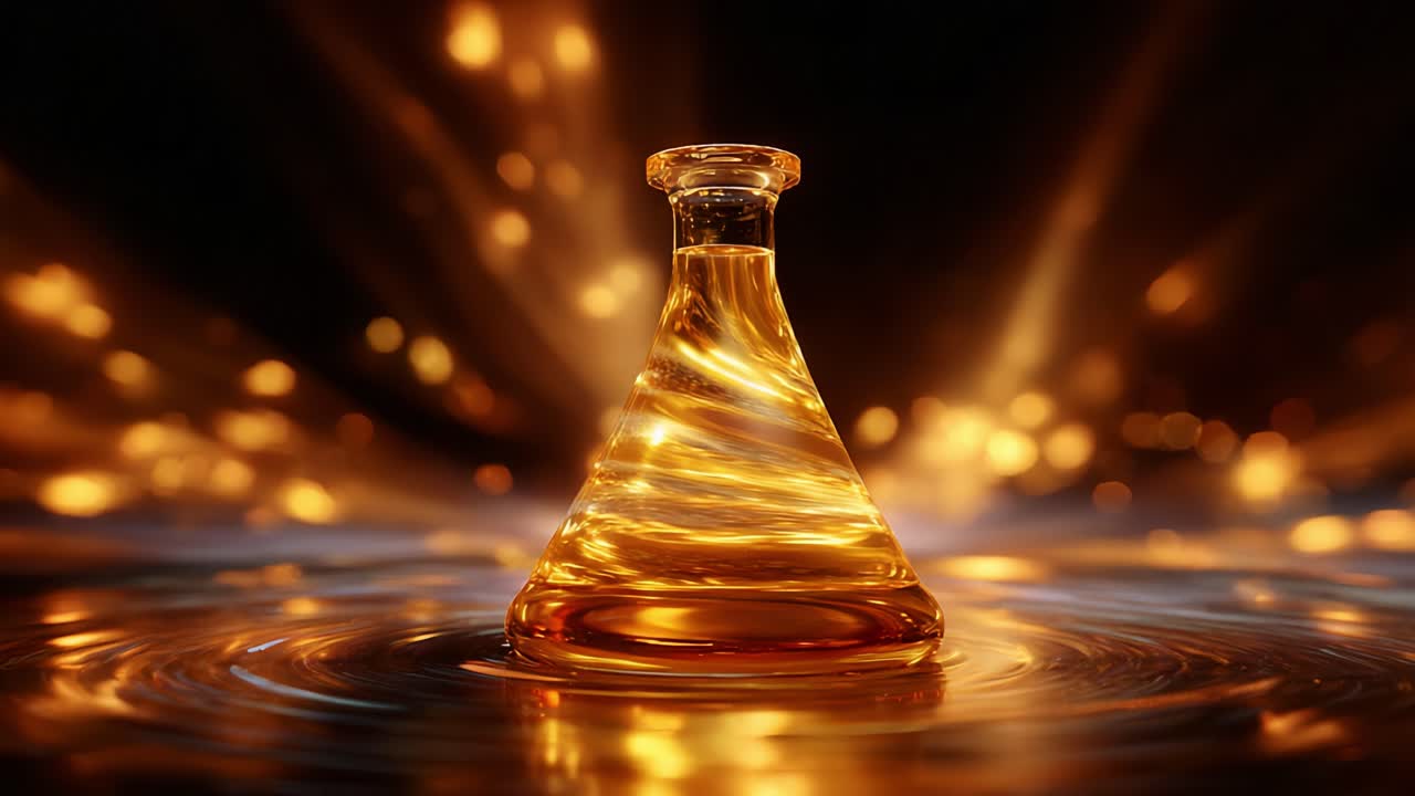 A captivating golden liquid swirls in a beautifully illuminated laboratory flask, surrounded by radiant gold particles, creating a mesmerizing visual experience that highlights the beauty and science of chemistry