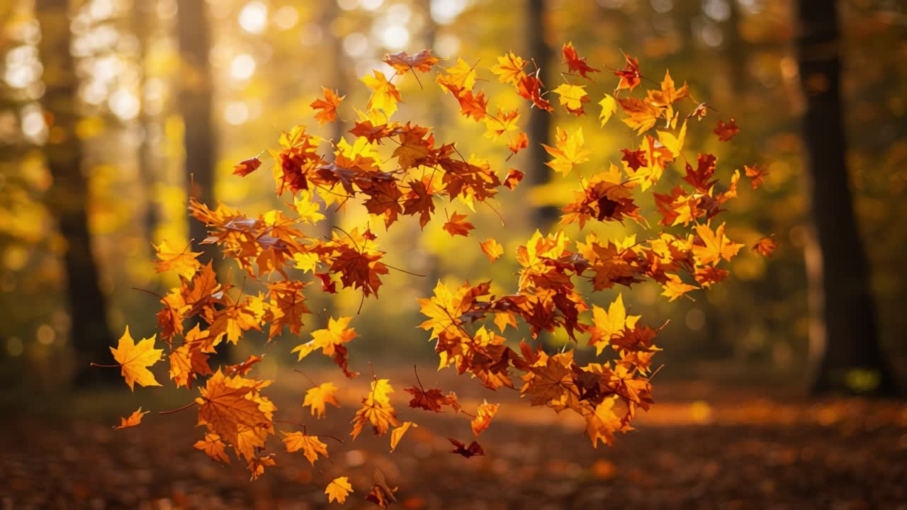 A Vibrant Display of Autumn Leaves in Motion Capturing the Essence of Fall's Beauty as They Dance Through Sunlit Forest Air