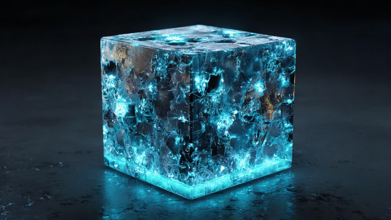 Mystical ice cube with dark inclusions pulsating with a mesmerizing blue light, sitting on a dark reflective surface, creating a magical and powerful energy effect in an abstract animation