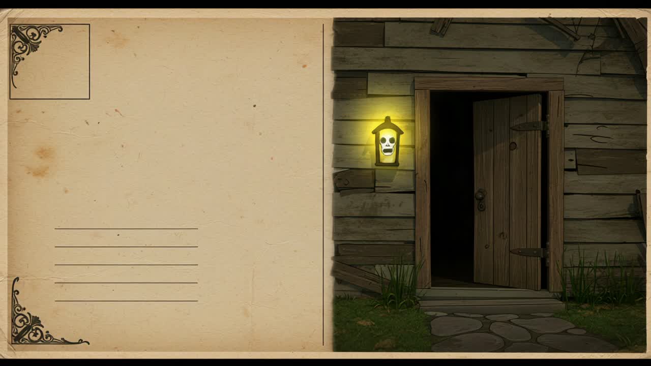 Mysterious Entrance: A Spooky Doorway adorned with Skull Lantern and Creepy Vibes leading into the Unknown Darkness of an Abandoned House