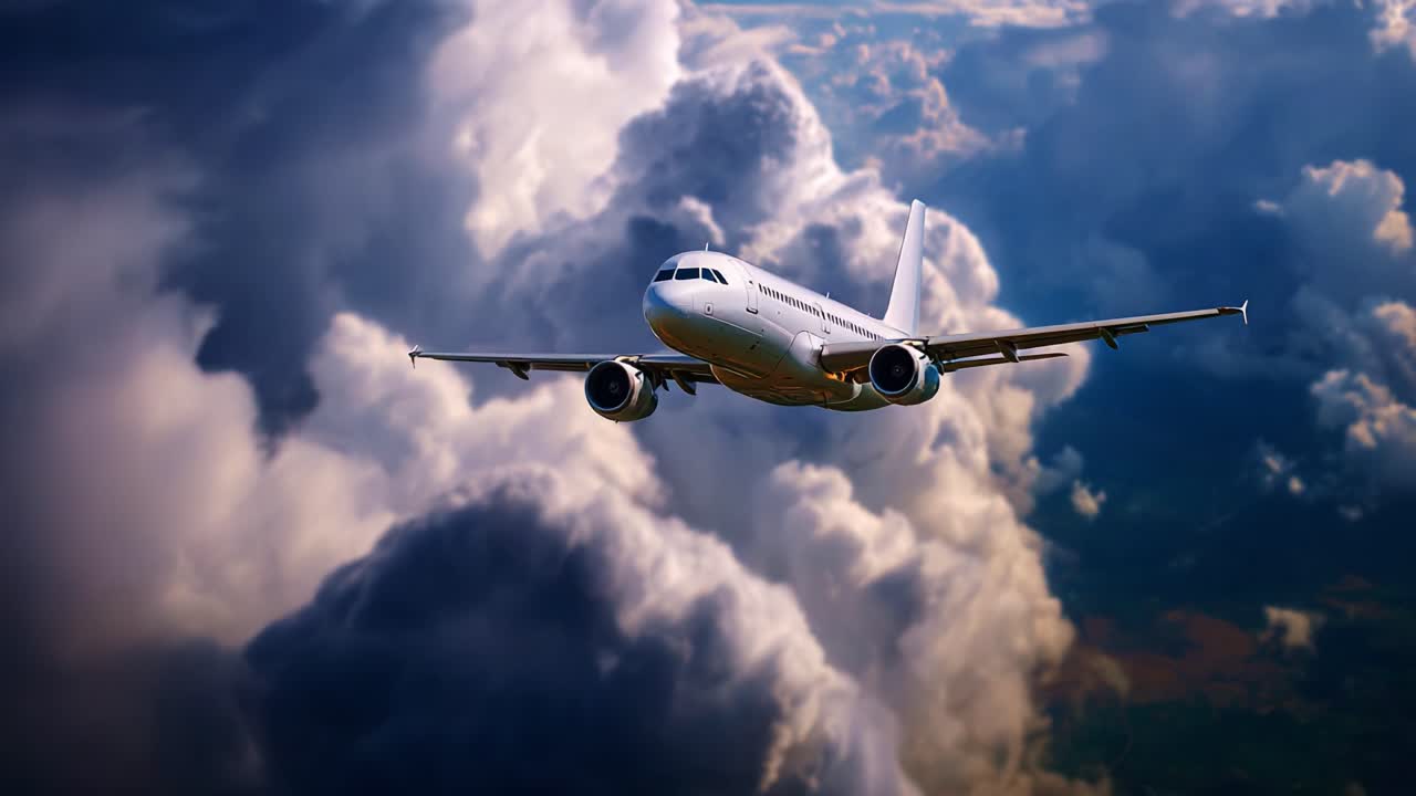 Un aereo vola tra nuvole maestose, catturando la bellezza del volo e la meraviglia dell'aviazione in uno straordinario viaggio aereo sopra il mondo sottostante