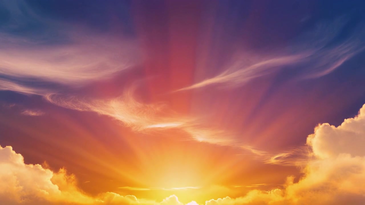 Vibrant Sunset Sky with Radiant Sunbeams and Clouds