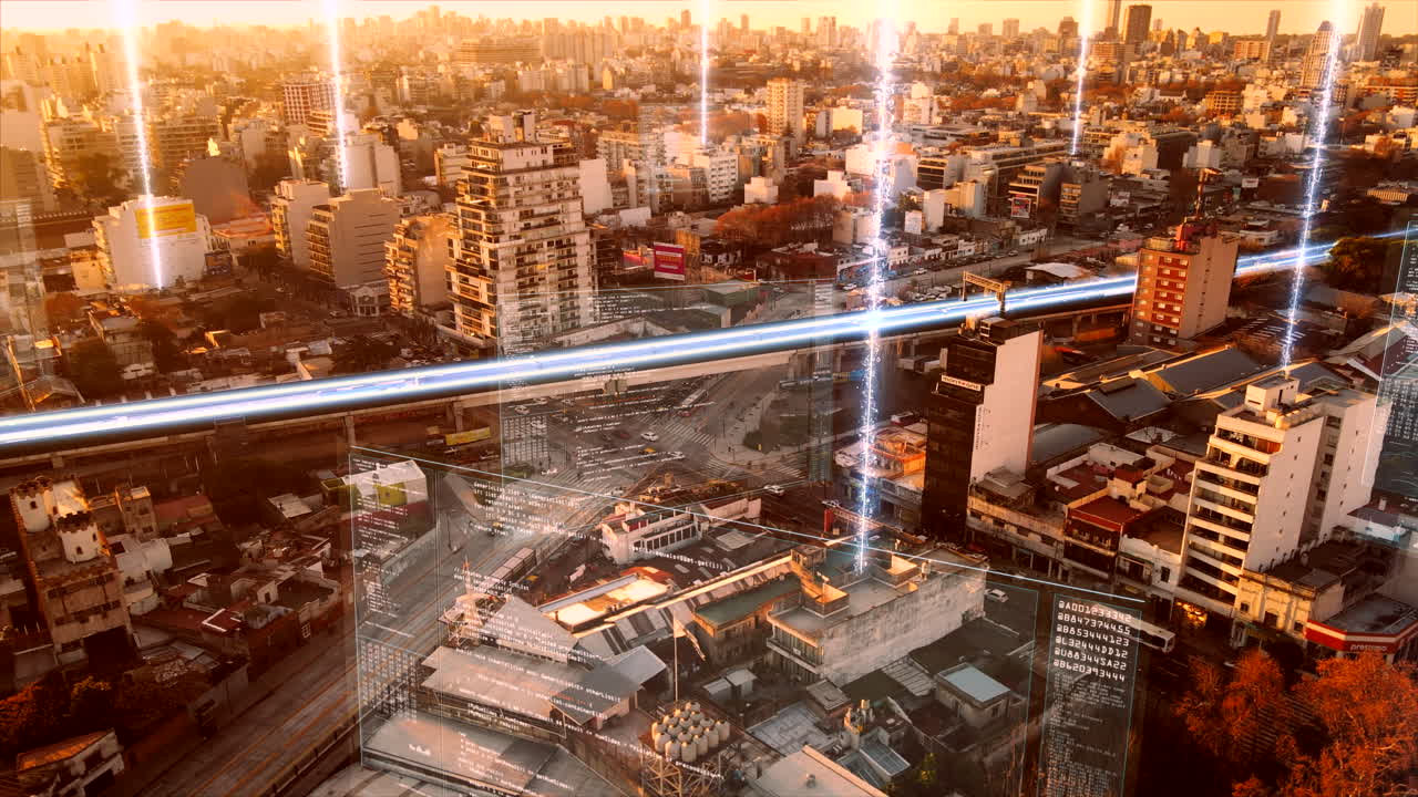 vista aérea de la ciudad moderna digital con comunicación de red moderna durante la puesta de sol dorada - conducción de tren de velocidad autónomo con líneas de conexión en el centro de buenos aires - 4k uhd