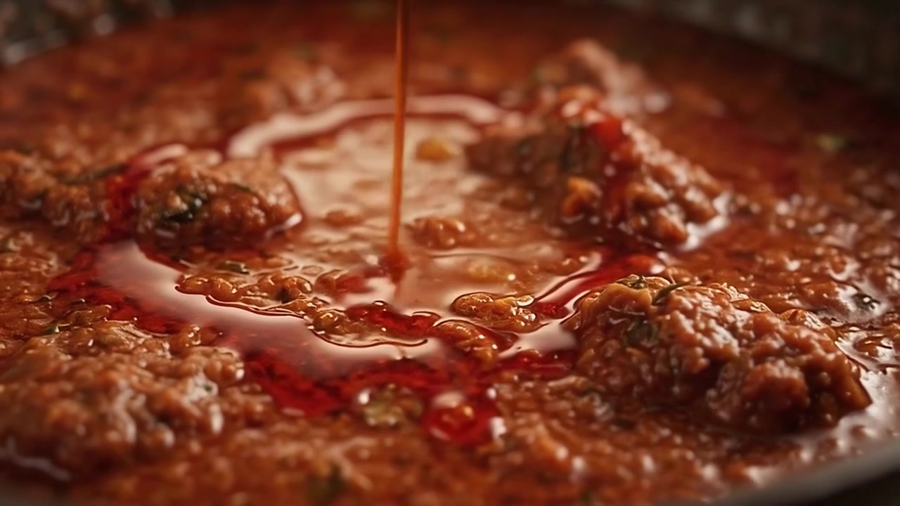 Red Oil Being Poured Over Simmering Meat Curry