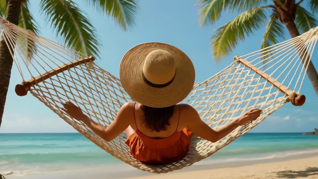 Una rilassante scena sulla spiaggia con una donna che si rilassa su un'amaca indossando un cappello da sole