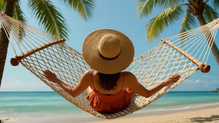 Una rilassante scena sulla spiaggia con una donna che si rilassa su un'amaca indossando un cappello da sole
