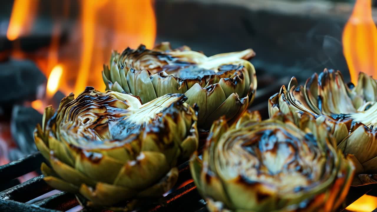Artichokes grilling over barbecue flames, charring with smoky flavor during summer outdoor cooking, creating gourmet vegetarian culinary experience