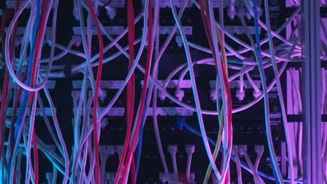 vista de cerca de un panel de parche de red con cables de colores