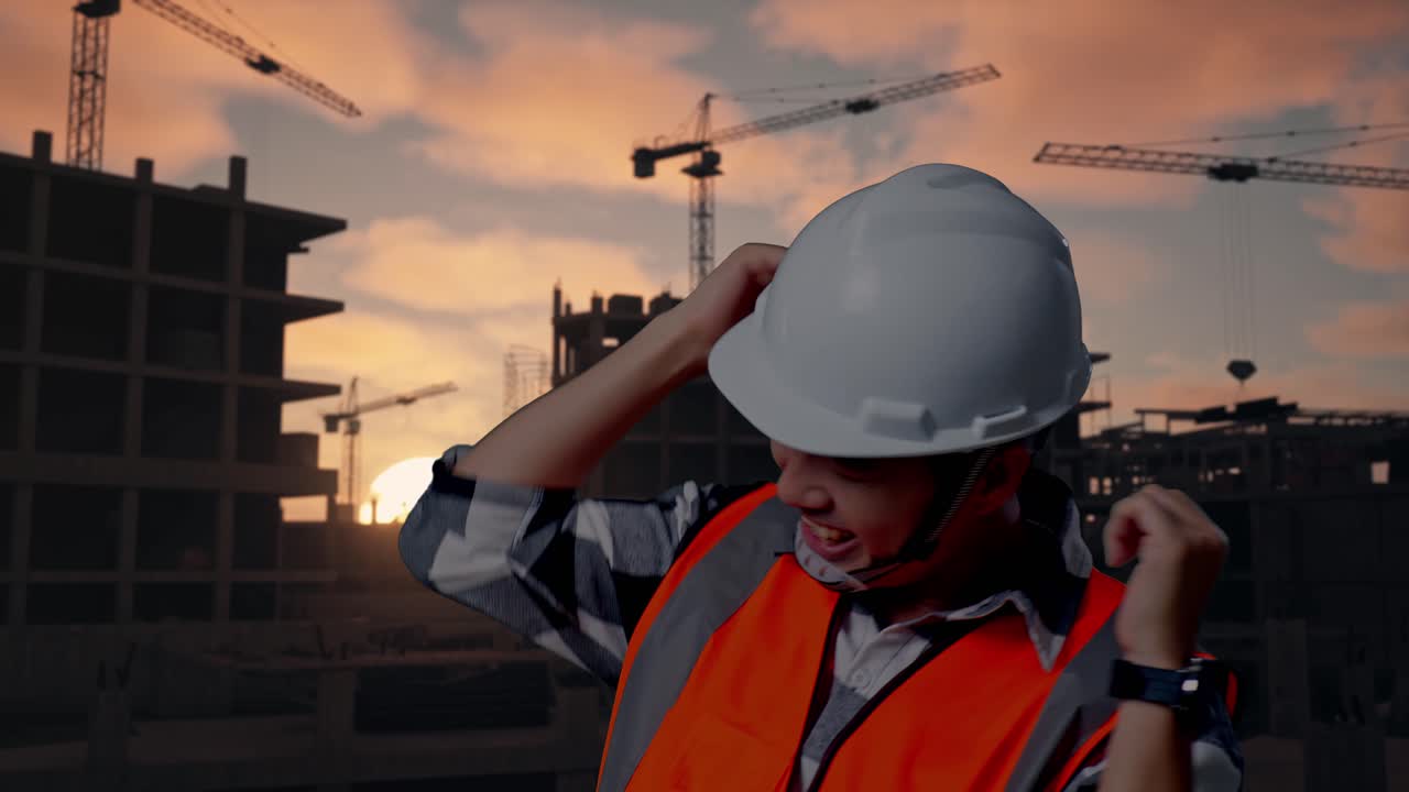 Close Up Of Asian Male Engineer With Safety Helmet Screaming Goal And Dancing Celebrating At Building & Construction Site in Progress to New House