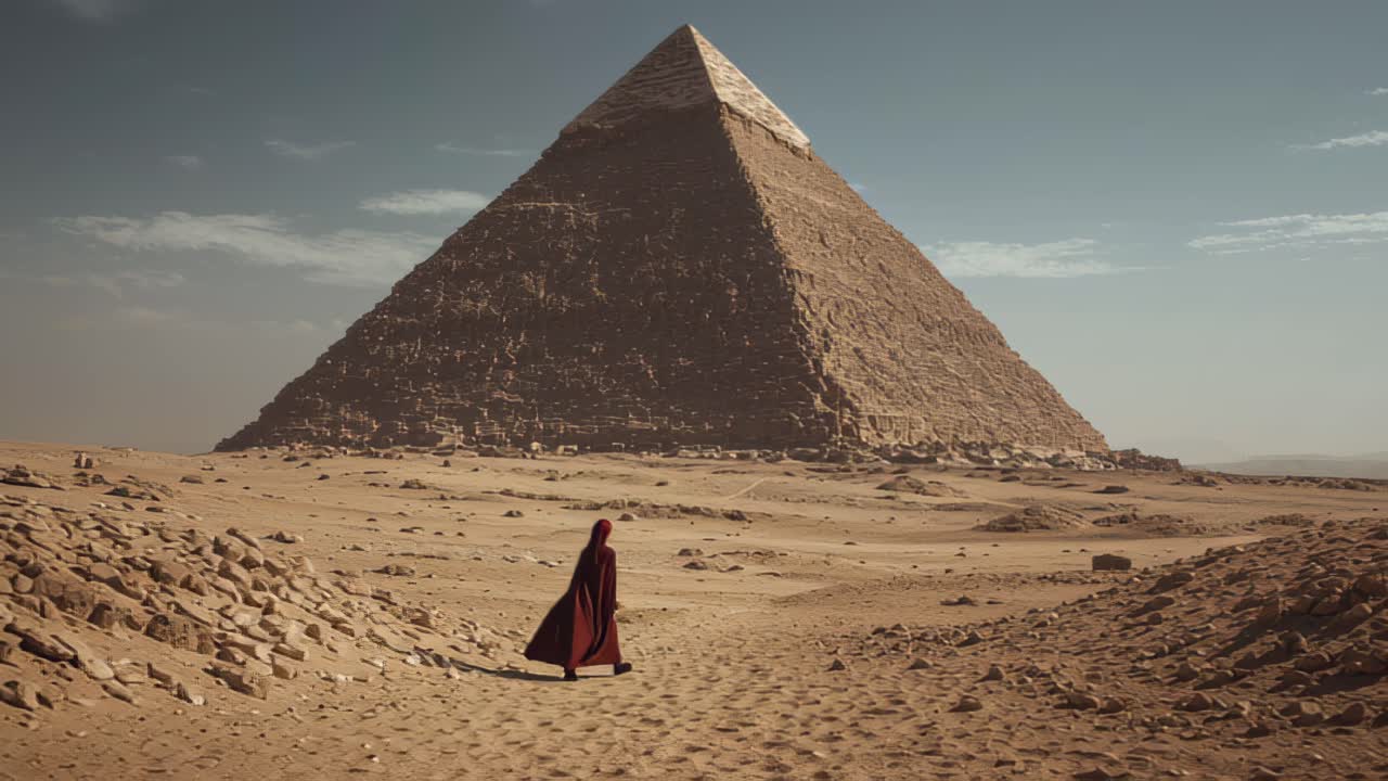 Široký filmový záběr osamělé osoby v červeném rouchu kráčející v písčité poušti směrem k Velké pyramidě v Gíze pod jasnou oblohou, koncept starověkého divu a cestování.