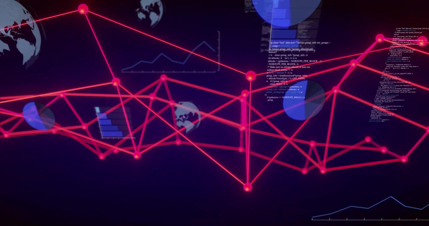 Red network web forming as nodes joining, charts spinning, code scrolling, plot rising showing data