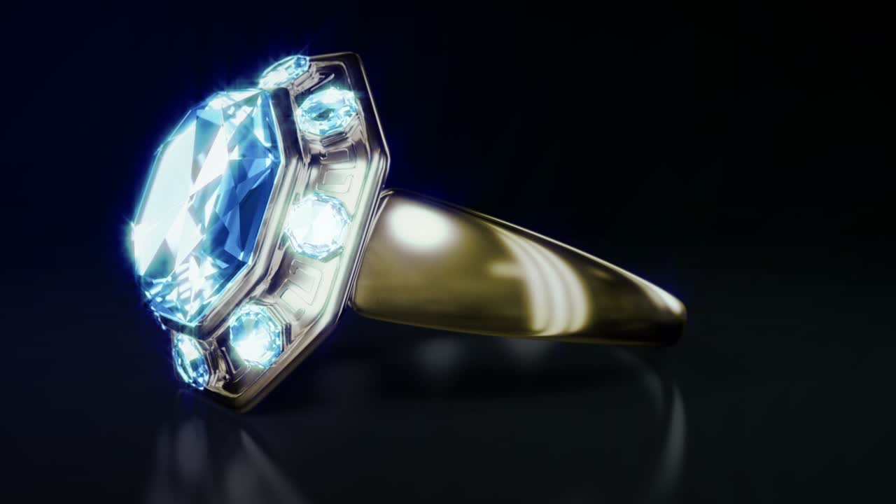 golden engagement ring with diamond gemstone rotate, isolated, fictive - loop video