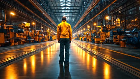 worker stands in illuminated factory showcasing industrial machinery