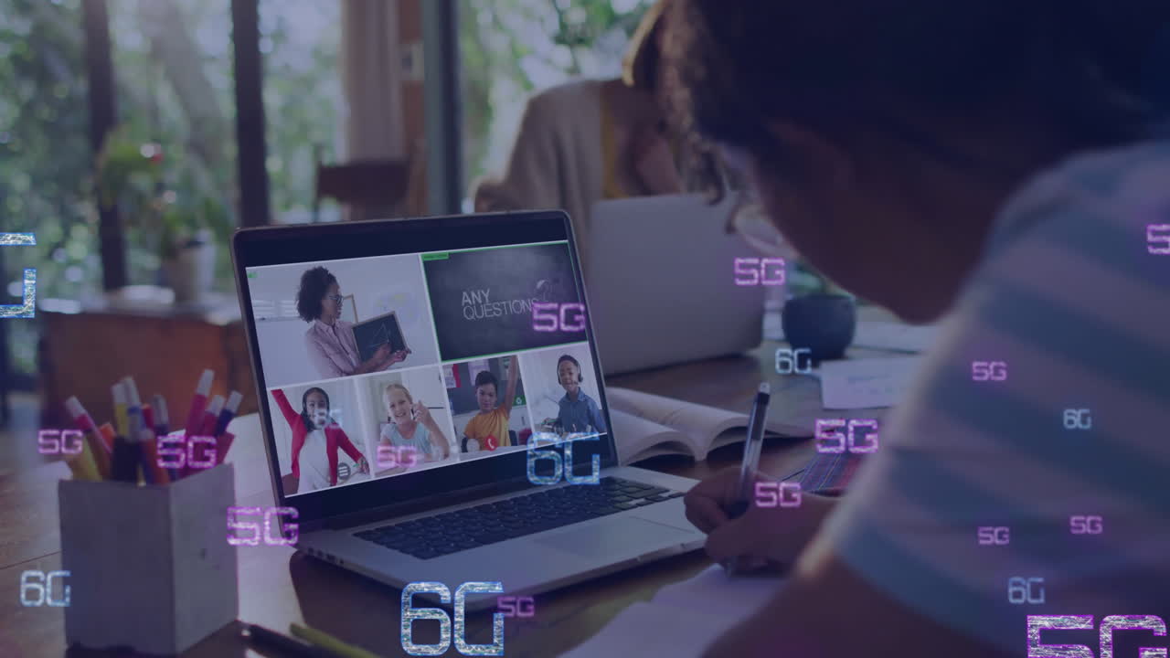 Online class with students and teacher, 5G technology animation overlaying scene