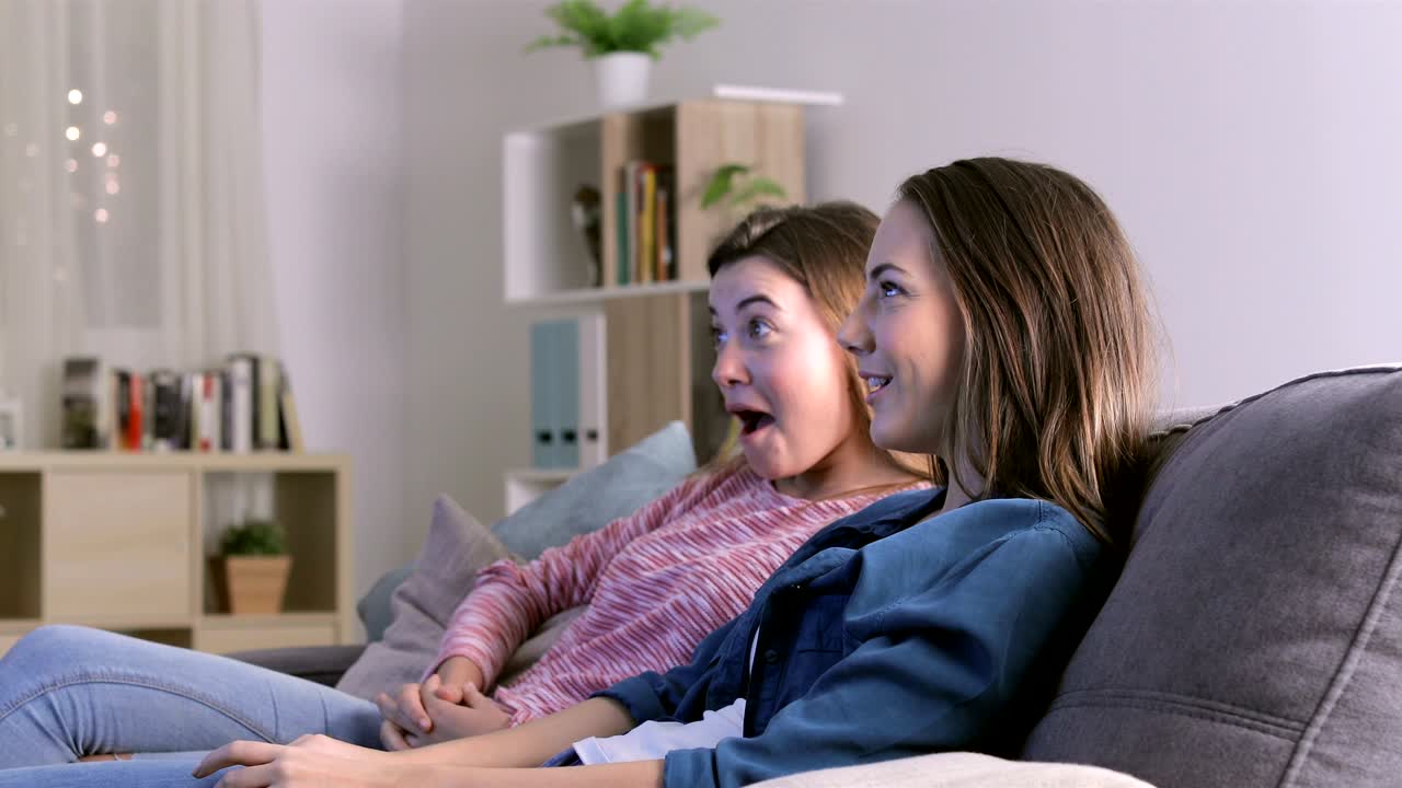 Excited girls watching tv at home