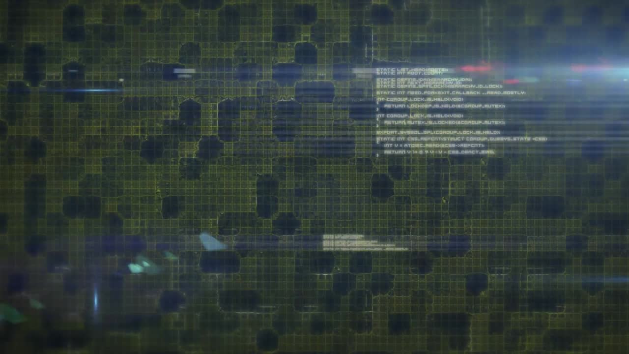 Animation of white light and data processing, over dark yellow digital grid on black background