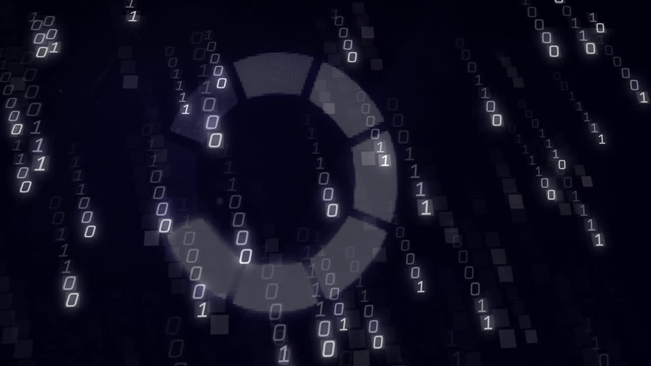 Binary code and circular graphic animation over dark digital background
