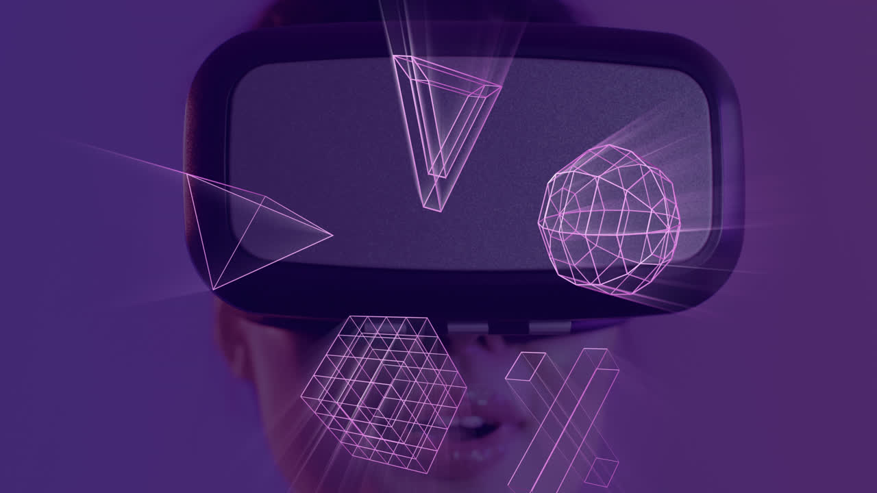 Animation of glowing 3d shapes of data transfer over asian woman in vr headset