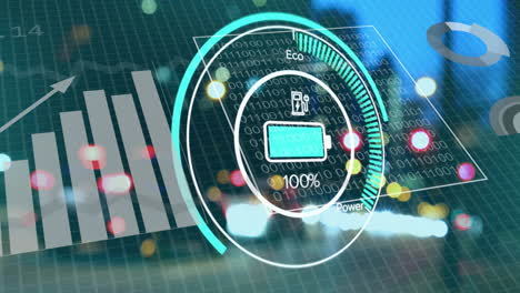 animation of electric car charging interface and data charts over city lights