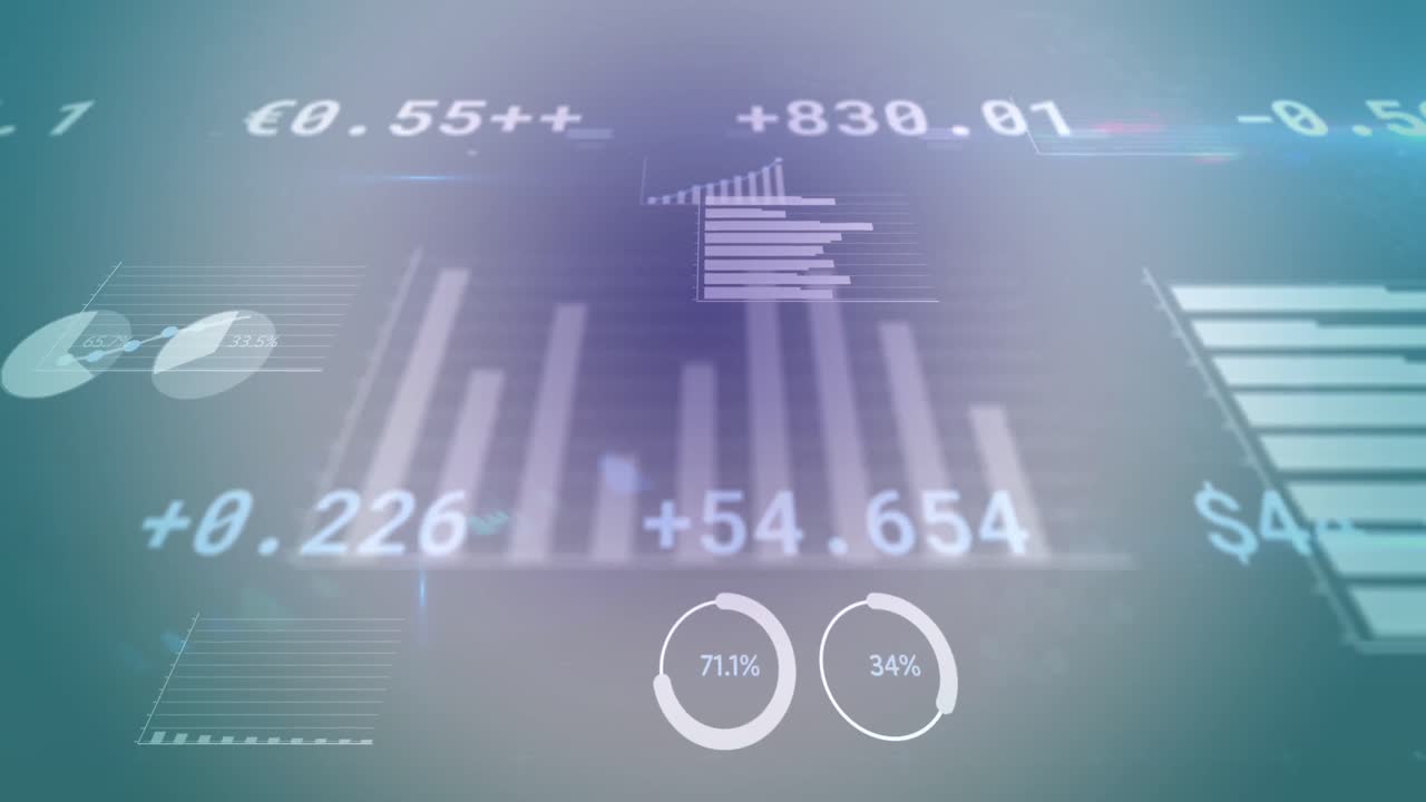 Animation of multiple graphs, loading circles over trading board lens flares on blue background