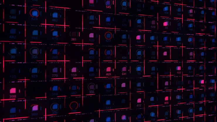 Abstract Digital Grid Pattern with Pink Lines and Red Circles