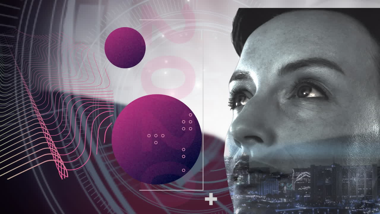 animación de globos con una red de conexiones sobre la cara de la mujer