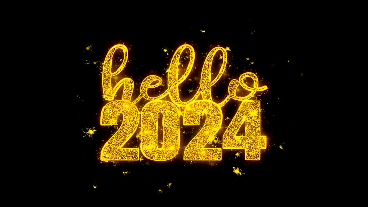 hola 2024, el texto de deseos hace chispas en el fondo negro.