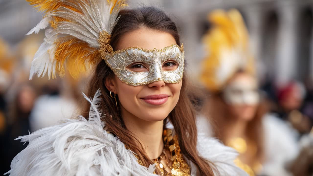 Jovem elegante com máscara de penas e fantasia festejando em um evento de carnaval com texturas ricas e cores vibrantes em dourado e branco