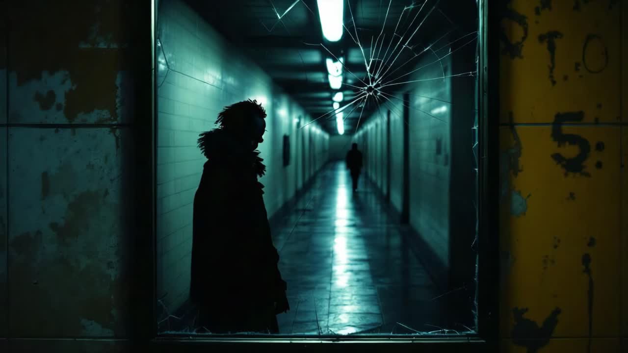 Mysterious figure in dark corridor with broken glass, revealing suspenseful atmosphere and tension