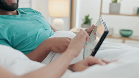 couple, tablet and social media on screen